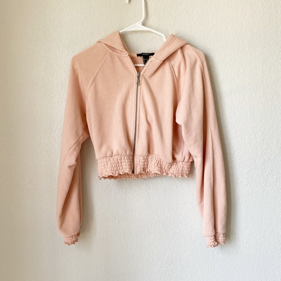 Forever 21 Sweaters - Forever 21 | Peachy Pink Shirred Crop Zip Hoodie